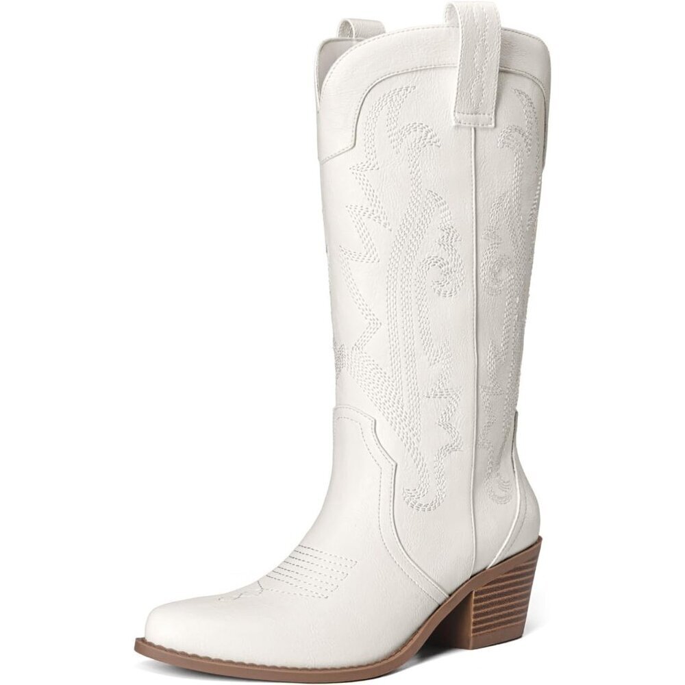 Women's White Embroidered Western Cowgirl Pointed Toe Chunky Heel Mid Calf Boots
